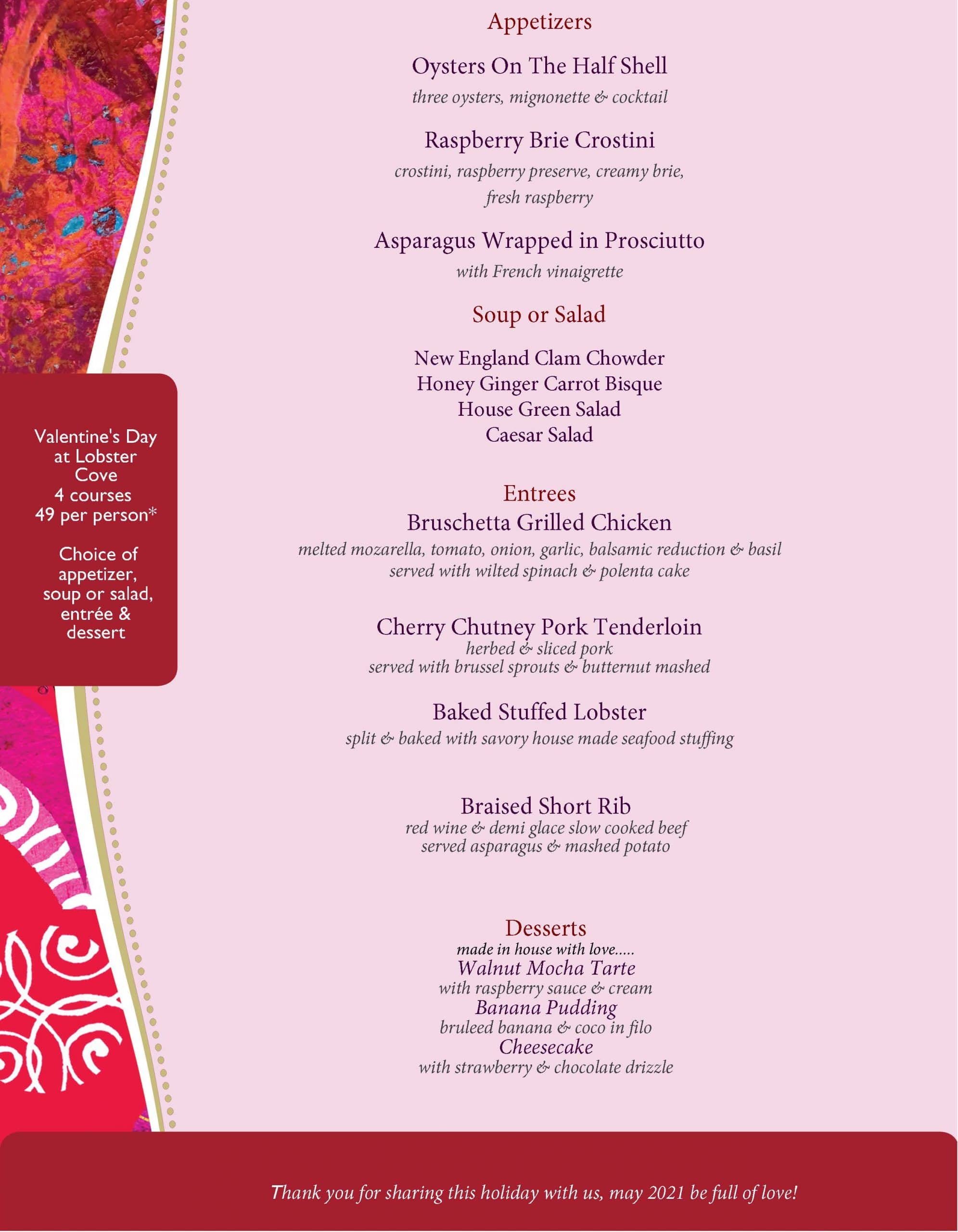 Valentines Day 2021 Menu Lobster Cove Restaurant