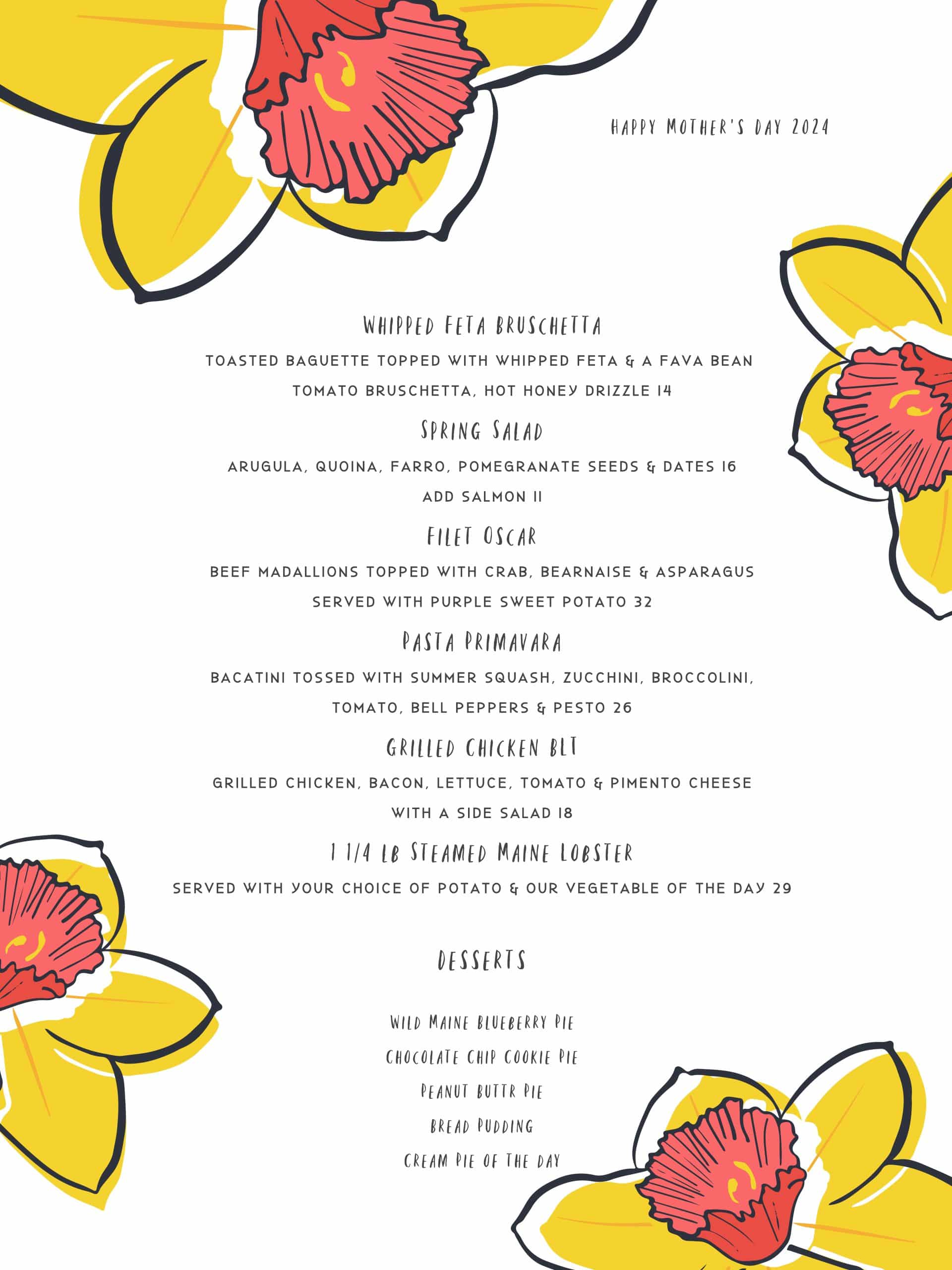 Mother's Day Menu Lobster Cove Restaurant